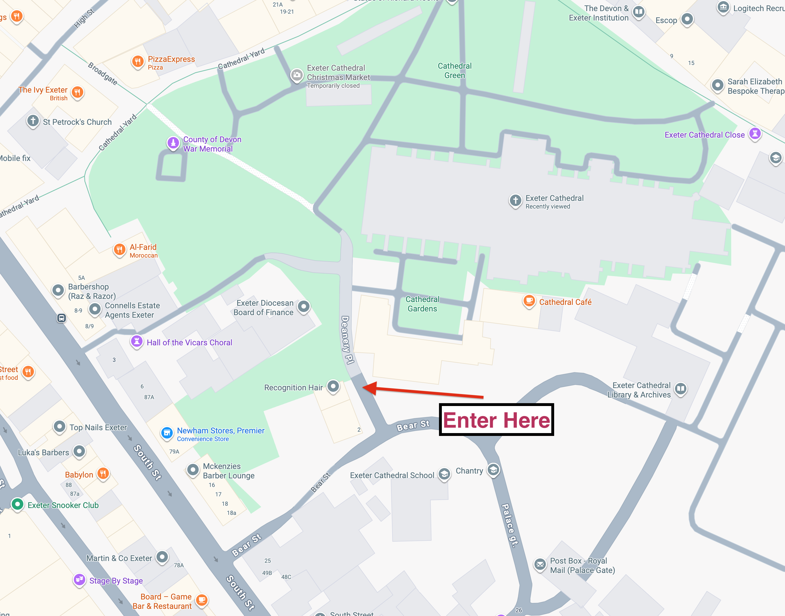 Map showing entrance to the Blessing of the Bikes at Exeter Cathedral